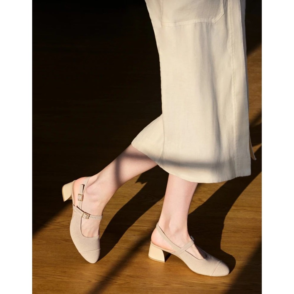 Vivaia Juliana Almond Knit Block‎ Heel Slingback Mary Jane Pumps Almond Tan 39.5
